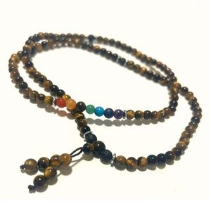 Mala Beads Necklace | Tortoiseshell & Rainbow Chakra, 15"